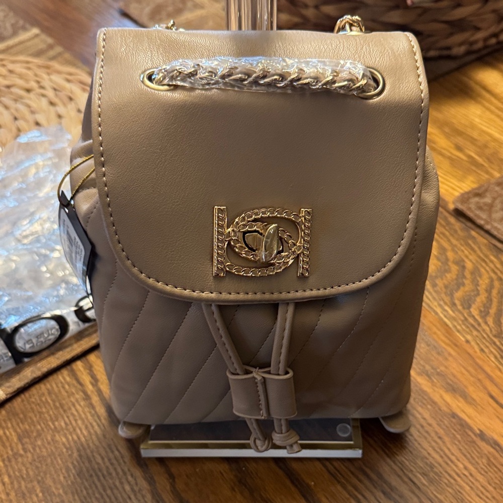 BeBes Hera Small Elegant Taupe Backpack with Gold Accents